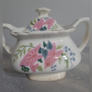 Vintage Floral Sugar Bowl w/ Lid Pink Ivy Pattern Mid Century Cottage Unmarked